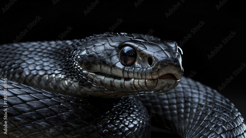 Fototapeta premium A hyper-realistic, close-up portrait of a dark, metallic-scaled snake with large, reflective black eyes and intricate head plating, coiled against a stark black background.
