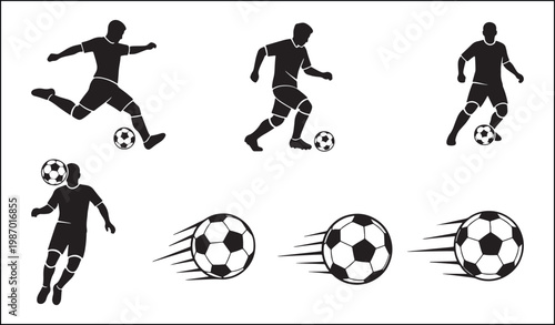 Silhouette of soccer players and balls in action Vector