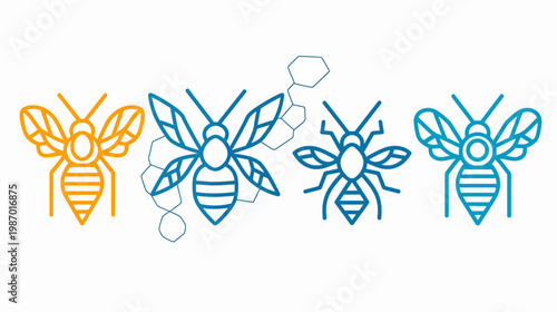 Four insect outline illustrations in orange and blue on a white background, some with honeycomb elements