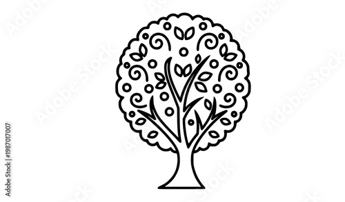 Simple Decorative Tree Outline Vector with Elegant Line Art Nature Symbol Isolated on White