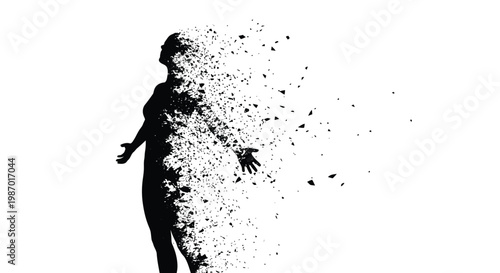 Silhouette of a person disintegrating into pieces on a white background