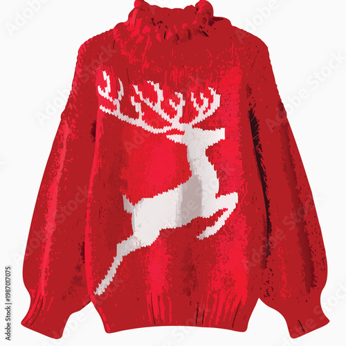 Festive Reindeer Sweater: A vibrant red sweater, adorned with a whimsical reindeer design, embodies holiday cheer and cozy comfort, perfect for embracing the spirit of the season.