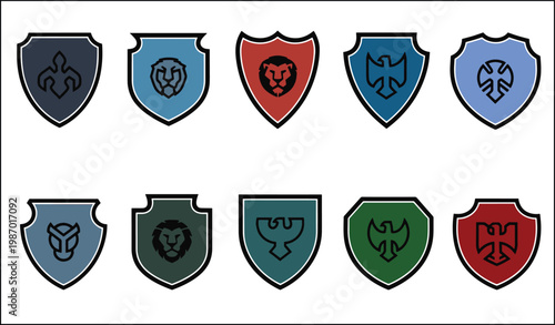 A collection of 10 shields with various symbols Vector