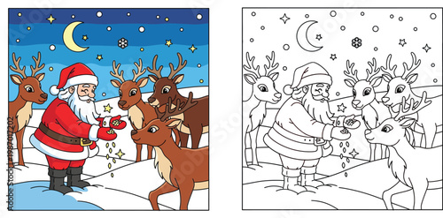 Santa Claus Feeding Reindeer in Winter Night Coloring Page, Christmas Holiday Illustration for Kids, Colored and Outline Vector