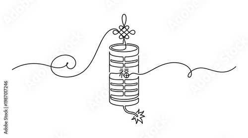 Chinese New Year firecracker continuous line drawing with lucky knot and Chinese character for fortune symbolizing celebration and good luck