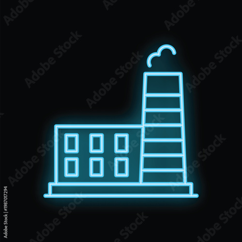Bright blue neon sign depicting a factory building with a chimney emitting smoke, set against a dark background