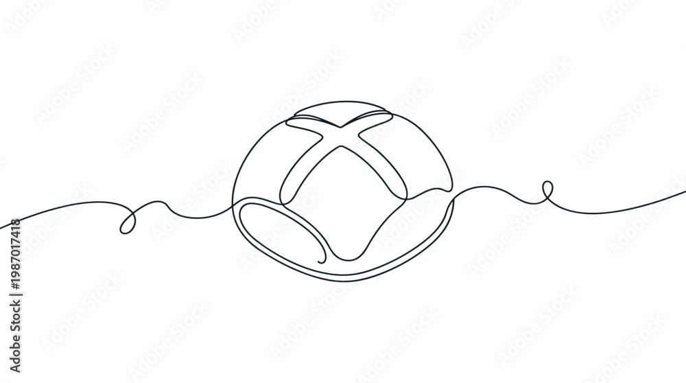 Obraz premium Minimalist continuous line drawing of a loaf of bread with a cross shape on top, symbolizing food and baking