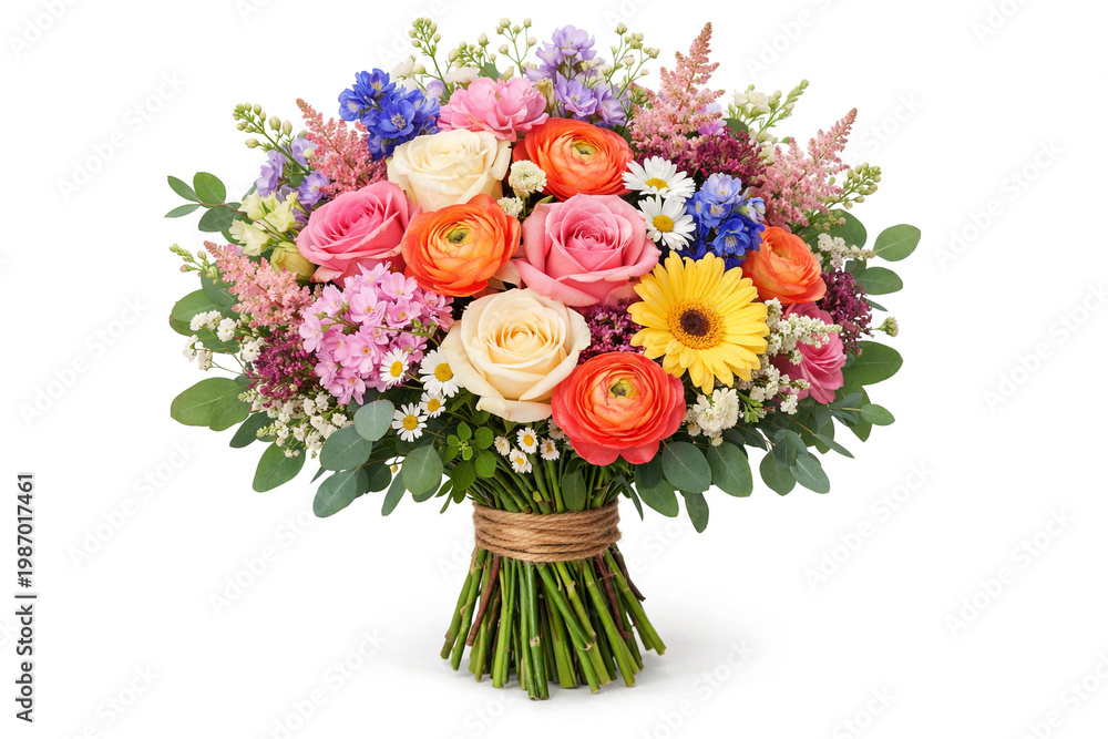 Fototapeta premium Elegant pastel flower bouquet with roses, ranunculus and eucalyptus, soft natural light and blurred background creating romantic, delicate floral composition for weddings decor