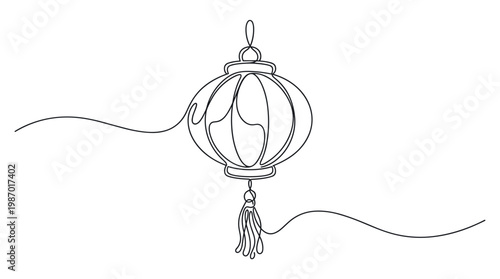 Minimalist continuous line drawing of a traditional Chinese lantern with a tassel hanging elegantly against a clean white background symbolizing celebration and culture