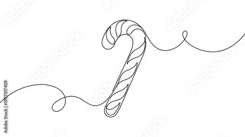 Minimalist single line drawing of a candy cane with swirling decorative lines on a white background, representing Christmas and sweet treats