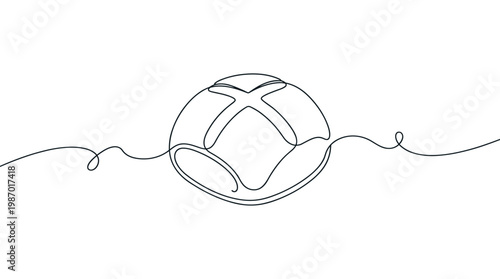 Minimalist continuous line drawing of a loaf of bread with a cross shape on top, symbolizing food and baking