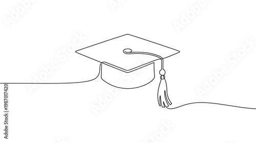 Minimalist single line drawing of a graduation cap with a tassel symbolizing academic achievement and educational success