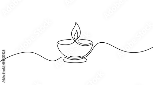 Minimalist single line drawing of a diya lamp with a flame, symbolizing light hope and celebration on a white background