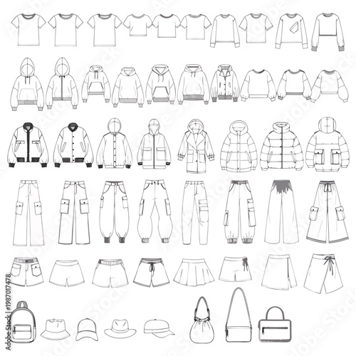 Fashion Garment Collection: A comprehensive collection of garment designs, including t-shirts, hoodies, jackets, trousers, shorts, and accessories, showcasing a range of styles and silhouettes.