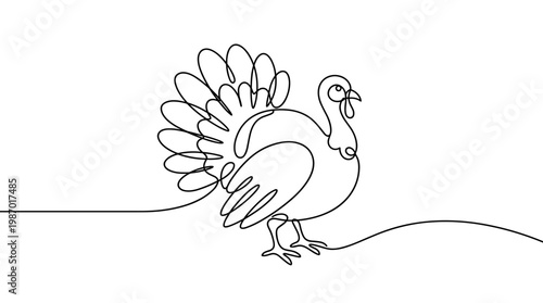 Minimalist single line drawing of a turkey with its tail feathers fanned out, symbolizing Thanksgiving and autumn harvest celebrations