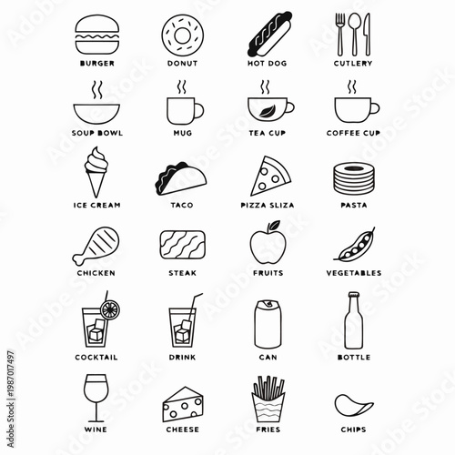 Culinary Delights: A collection of simple line illustrations presents an array of familiar foods and beverages. A minimalist artistic style creates visual appeal.