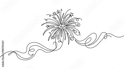 Continuous line drawing of a festive firework exploding with swirling smoke trails and stars celebrating a special occasion or holiday event