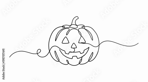 Single line drawing of a happy Halloween pumpkin jack o lantern with a carved face and stem on a white background, continuous line art illustration