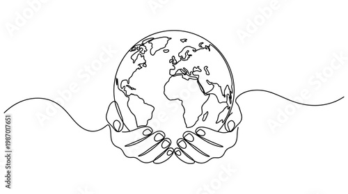 Hands cradling the Earth in a continuous line drawing symbolizing global care and environmental protection