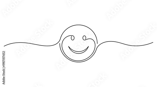 Continuous line drawing of a simple smiley face with flowing lines extending outwards symbolizing happiness and positive emotions in a minimalist style