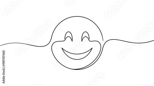 Continuous line drawing of a happy smiley face with closed eyes and wide smile symbolizing joy and positive emotions on a white background