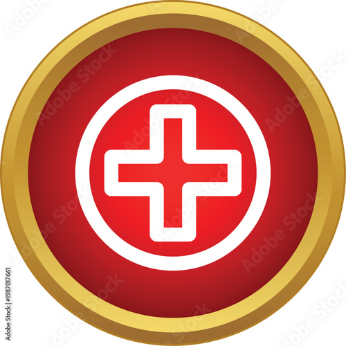 Red circular button with a white medical cross symbolizing healthcare and first aid