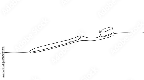 Minimalist continuous line drawing of a toothbrush on a white background, representing dental hygiene and oral care in a simple, modern style.