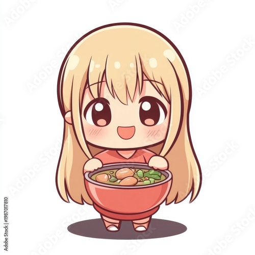 Adorable chibi style character joyfully enjoying a bowl of freshly prepared homemade soup symbolizing the comfort and nourishment of wholesome delicious cuisine