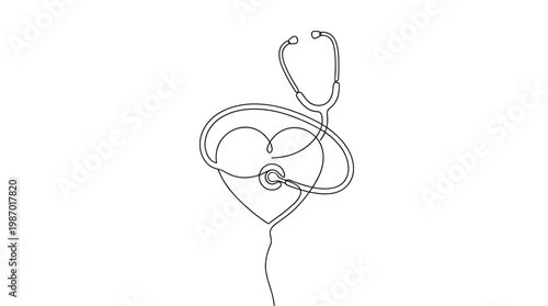 Minimalist continuous line drawing of a stethoscope encircling a heart symbolizing medical care and cardiology health awareness