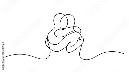Continuous line drawing of a couple embracing tenderly symbolizing love support and connection in a minimalist abstract style on a white background