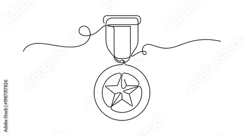 Minimalist single line drawing of a medal with a star emblem and ribbon symbolizing achievement recognition and victory in a clean white background