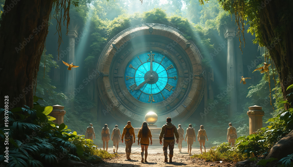 Fototapeta premium Group of explorers approaches giant clock in overgrown jungle ruins. Birds fly near ancient stone structure with mystical blue light. Sunlight rays shine through forest canopy onto adventurers.