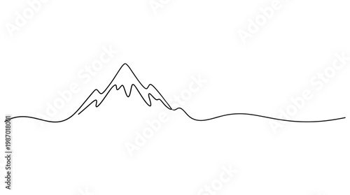 Minimalist continuous line drawing of a majestic mountain peak with rolling hills in the background, symbolizing nature and adventure