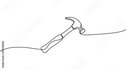Minimalist continuous line drawing of a hammer, symbolizing construction, DIY, and tools, isolated on a clean white background.