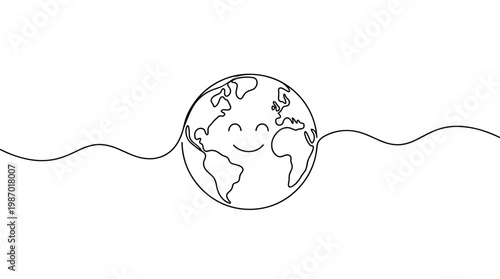Happy smiling earth globe drawn with a single continuous line on a white background symbolizing global happiness and environmental care