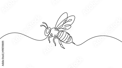 Minimalist continuous line drawing of a bee in flight over a gentle wave, representing nature and simplicity