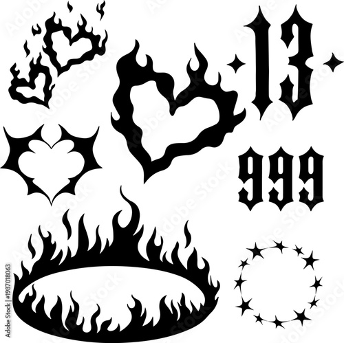 Gothic Tattoo Flash Set with Flaming Hearts, Cyber Sigilism, Barbed Wire Stars, and Gothic Numbers 13 and 999