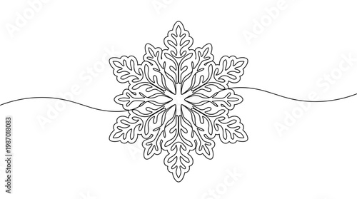 Elegant continuous line drawing of a detailed snowflake with intricate patterns and flowing lines on a white background representing winter beauty and delicate frost art