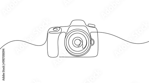 Minimalist single line drawing of a DSLR camera with an at symbol in the lens, symbolizing photography and digital communication