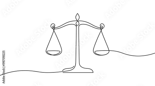 Abstract continuous line drawing of a justice scale symbolizing balance fairness and legal decisions on a white background