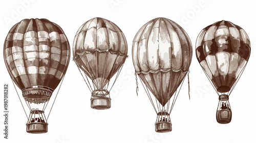 Sepia watercolor illustration of four hot air balloons of different designs on a white background