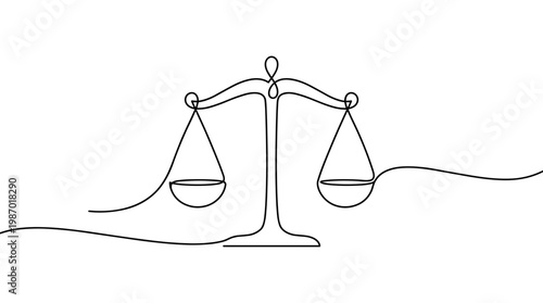 Continuous line drawing of a balance scale symbolizing justice law and equilibrium on a white background