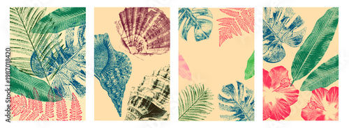 Summer tropical backgrounds with xerox copy effect. Vintage halftone textures of palm leaves, shells and hibiscus in vibrant colors. Retro style perfect for posters, packaging, branding and web design