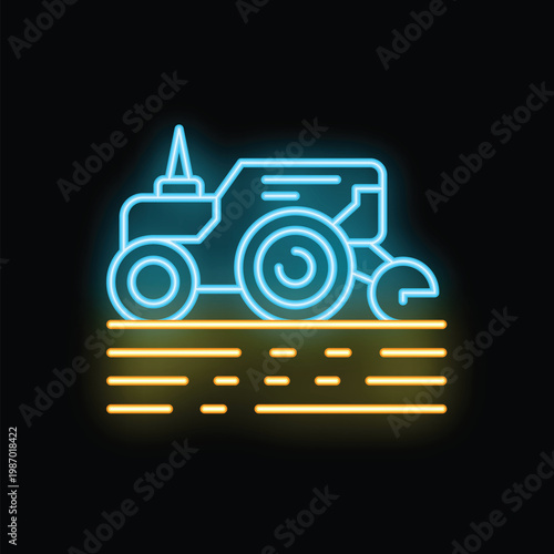 Neon icon of a blue tractor plowing the field leaving yellow lines of plowed soil