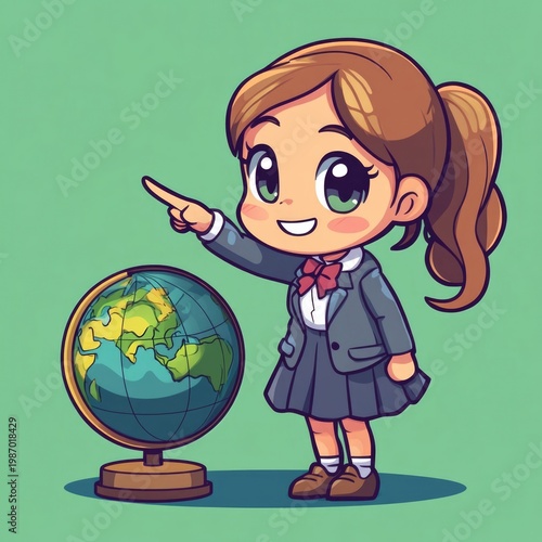 Adorable Chibi style of a Female Teacher Pointing at a Globe Representing the Concept of Geography and World for Educational or Learning Purposes