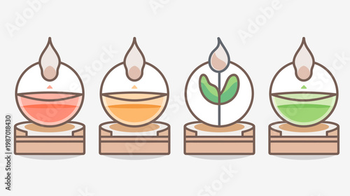 Four flat, stylized glass containers with colored liquid, depicting a growth process