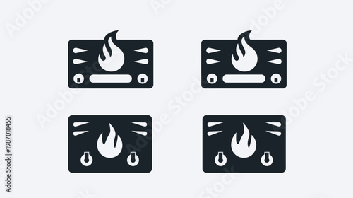 Four identical dark gray rectangular icons, each featuring a stylized flame over a stove element