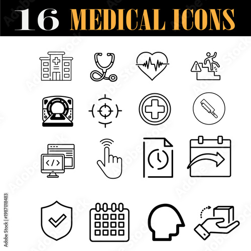 Medical icons set of 16 vector line symbols, healthcare and hospital service pictograms, clinical diagnostic and medicine equipment signs isolated PNG with Transparent Background
