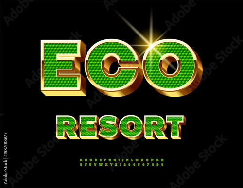 Vector Touristic template Eco Resort. Classy Green and Gold Font. Elite 3D Alphabet Letters and Numbers set.