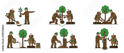 Robot and Human Planting Trees Together Collaboration Set for Reforestation and Environmental Conservation Projects with Simple Outline Vector Illustrations of Gardening Tasks and Sustainability Conce